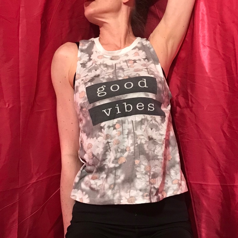 Good Vibes XS crop tank. Made is the USA.